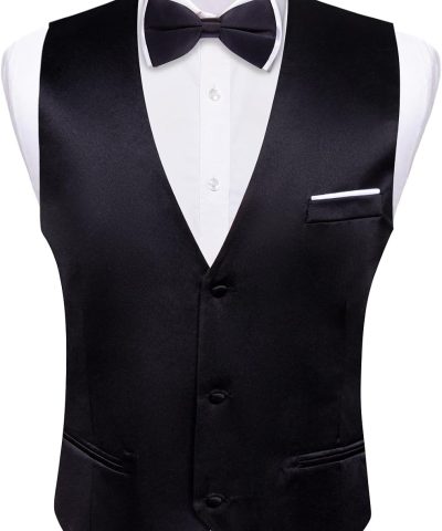 Alternative view of Mens Suit Vest Bow Tie Set 4PCS Formal V-neck Slim Fit Casual Solid Color Waistcoat Wedding Party Tuxedo