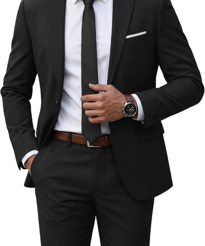 Men's 2 Piece Suit with Tie, One Button Slim Fit Solid Jacket and Pants Set, Suits for Men Prom Party Wedding & Business