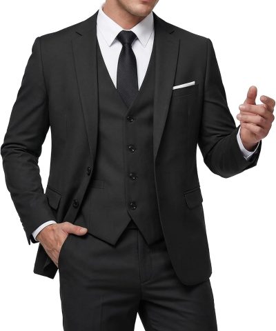 Men's 3 Piece Slim Fit Suit Set with Tie, 2 Button Blazer Jacket Vest & Pants, Business Wedding Party Prom Suit for Men