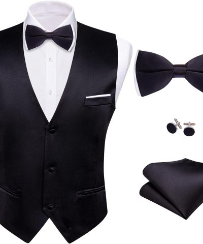 Mens Suit Vest Bow Tie Set 4PCS Formal V-neck Slim Fit Casual Solid Color Waistcoat Wedding Party Tuxedo
