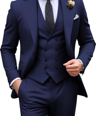 Mens Suit Slim Fit 3 Piece Double Breasted Suit Men Formal Tuxedo Set Casual Wedding Prom Groom Suits