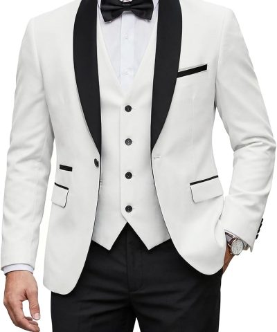 Men's 3 Piece Tuxedo Set with Bow Tie, Slim Fit One Button Shawl Lapel Suit Blazer Vest Pants, for Wedding Prom Dinners