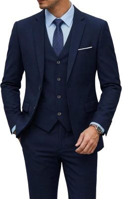 Men's 3 Piece Suit Set with Tie, 2 Button Slim Fit Solid Blazer Jacket Vest Pants, Business Wedding Party Suits for Men