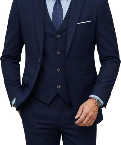 Men's 3 Piece Suit Set with Tie, 2 Button Slim Fit Solid Blazer Jacket Vest Pants, Business Wedding Party Suits for Men