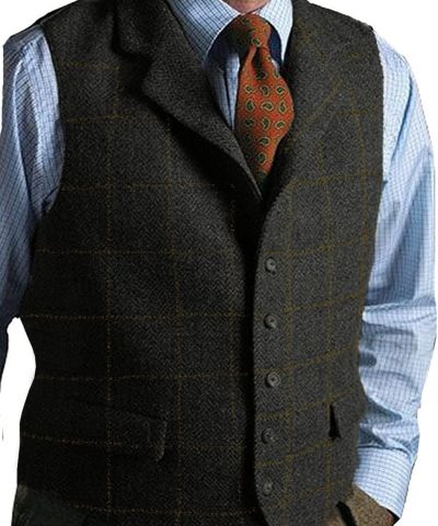 Mens Casual Plaid Suit Vest Tweed Slim Fit Waistcoat for Wedding Groomsmen