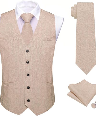 Alternative view of Mens Suit Vest Tie Set Linen V-neck Waistcoat Clip Hanky Cufflinks Vintage Tuxedo Casual Wedding Business 5PCS