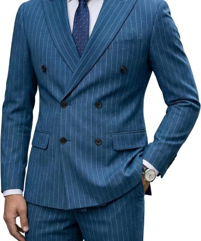 Men's 2 Piece Double-Breasted Suit, Slim Fit Stripe Tuxedo Set with Tie, Party Wedding Dress Blazer, Tux and Trousers