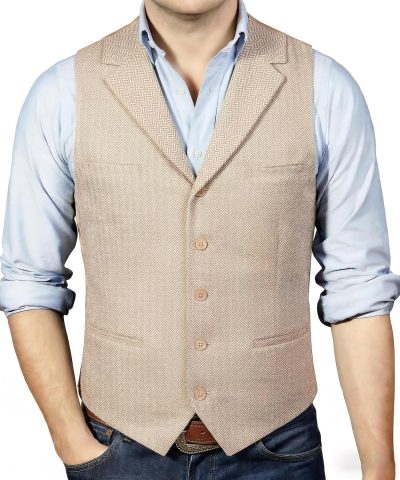 Alternative view of Mens Suit Vest Tweed Herringbone Notched Lapel Formal Business Waistcoat for Wedding Party