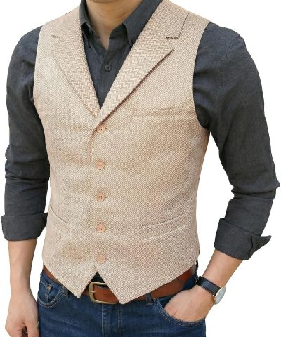 Mens Suit Vest Tweed Herringbone Notched Lapel Formal Business Waistcoat for Wedding Party