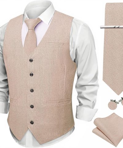 Mens Suit Vest Tie Set Linen V-neck Waistcoat Clip Hanky Cufflinks Vintage Tuxedo Casual Wedding Business 5PCS